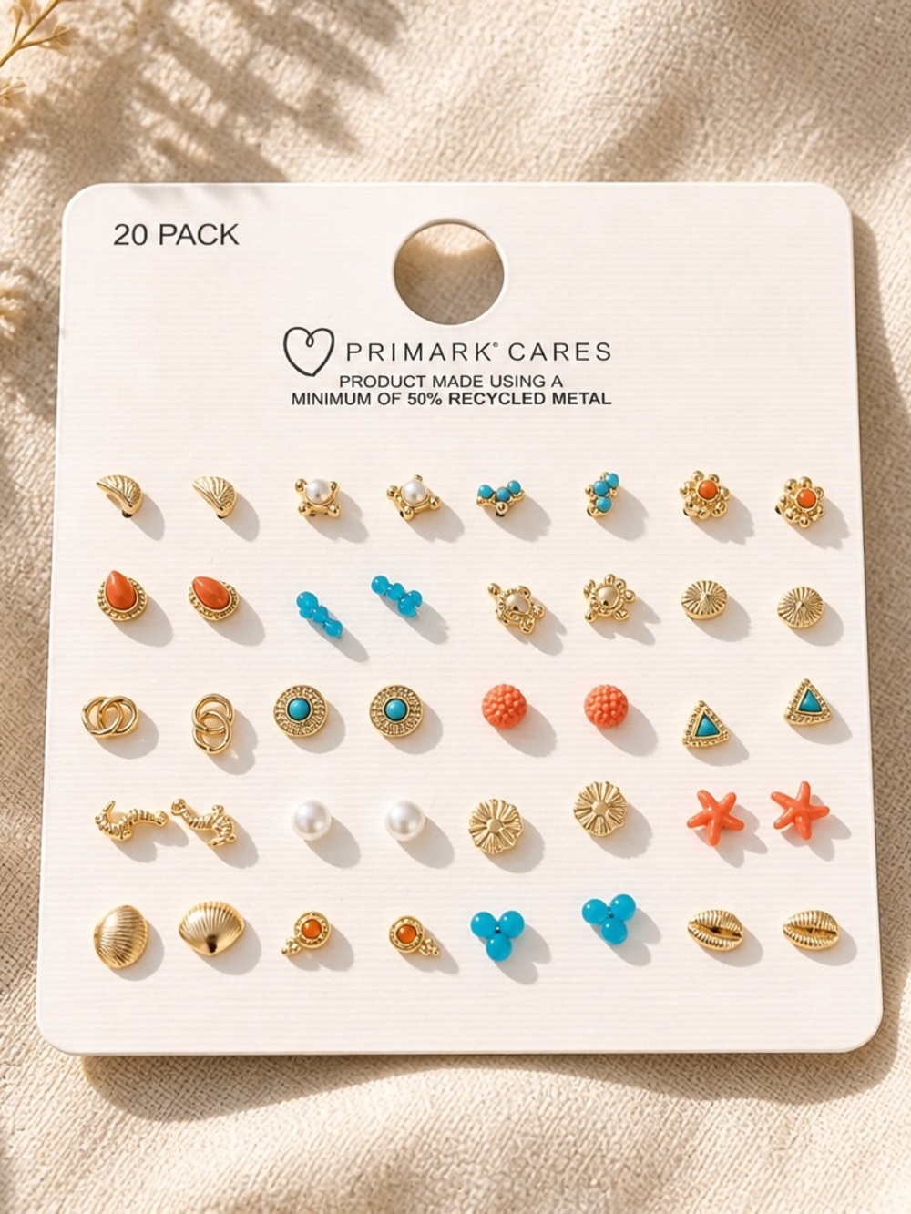 NWT Primark Cares 20-Pack Gold Tone Tropical Stud Earrings Mixed Set